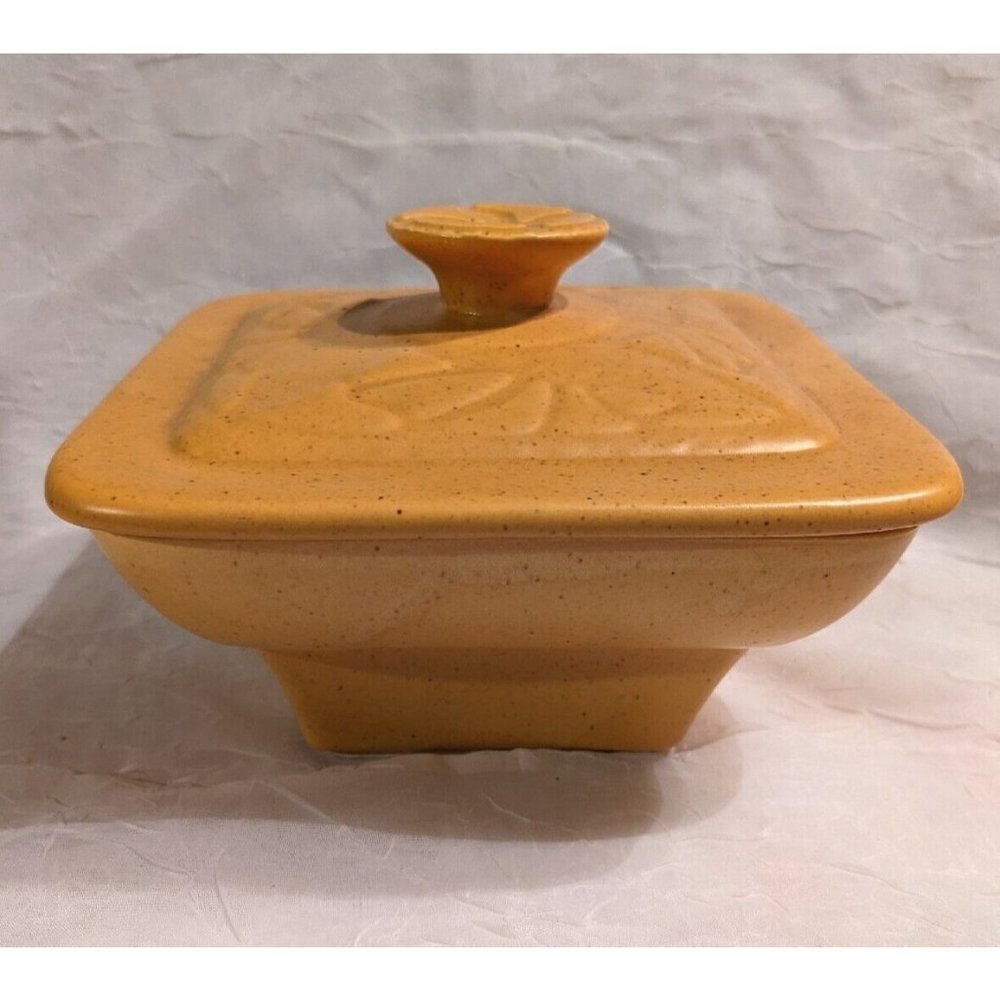 Vtg California Pottery Lid Dish L66 Yellow Gold Mid Century Speckled MCM Snack - Picture 7 of 16